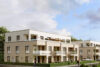 Moderne Mehrfamilienhäuser mit Balkonen und Terrassen in zeitgenössischer Architektur mit Bewohnern im Außenbereich