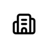 Schwarzes Icon eines Bürogebäudes mit Fenstern und Eingang auf weißem Hintergrund